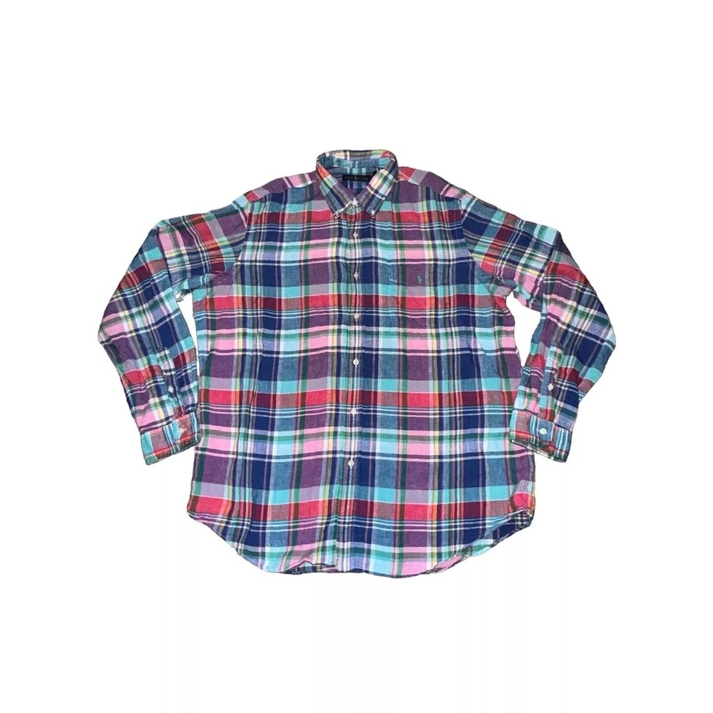 Ralph Lauren Button Down Mens XL Multicolor Plaid Linen Long Sleeve Shirt